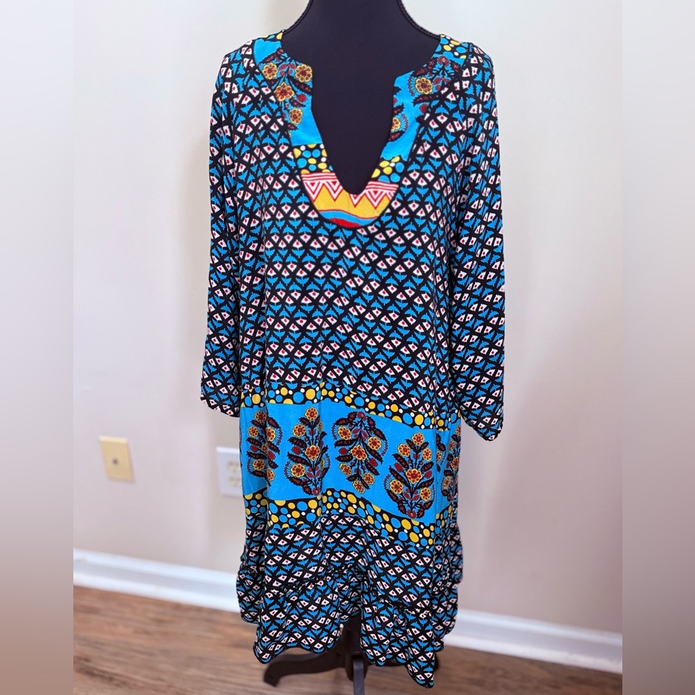 Tolani Multicolor Long Sleeve Dress with Blue and Black Pattern